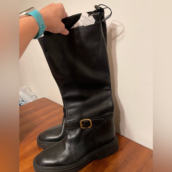 NEW Zara Black Mid Calf Boots REAL Leather 2052/810 riding tall buckle sz 41 10 - Picture 3 of 8